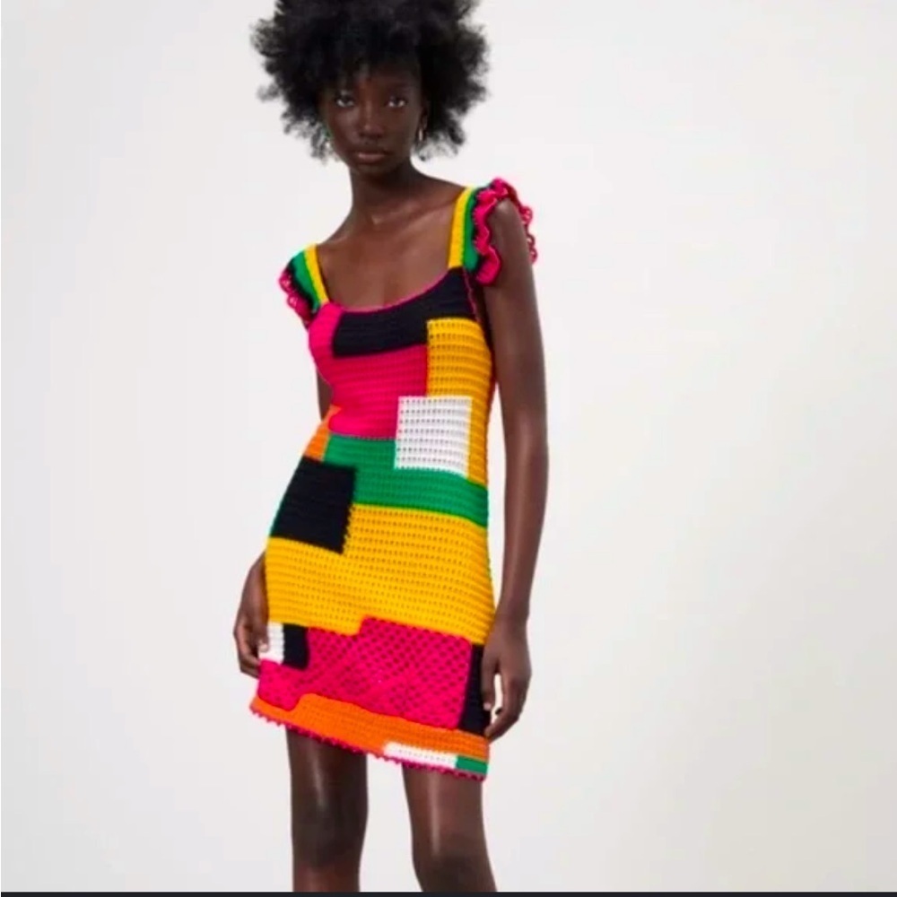 Zara Rare Colorblocked Muilt colored Crochet Knit mini Dress, size M